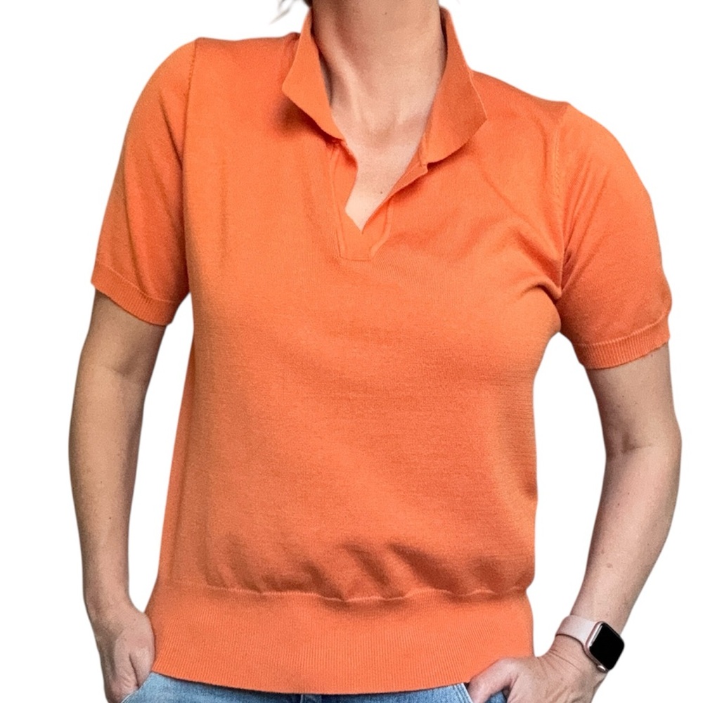 Orange Short-Sleeve Knit Top by Kate Kasin, Size Large, v-neck with collar